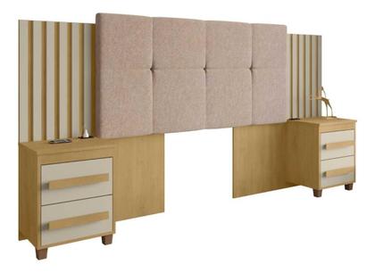 Imagem de Cabeceira Extensível Ripada Estofada Para Cama Box Casal Queen King com 2 Mesas de Cabeceira com Tomada Cinamomo Off White