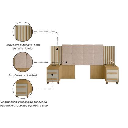 Imagem de Cabeceira Extensível Ripada Estofada Para Cama Box Casal Queen King com 2 Mesas de Cabeceira com Tomada Cinamomo Off White