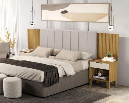 Imagem de Cabeceira Helena Em Madeira Com Detalhe Em Estofado Com Criado Para Cama Box Casal E Queen. Nature