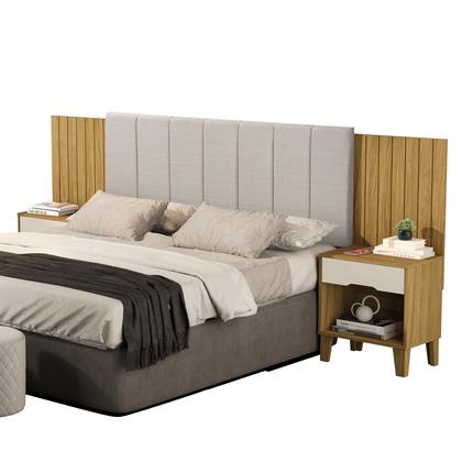 Imagem de Cabeceira Helena Regulável de Madeira para Cama Box Casal e Queen com Detalhes Estofado e Criado