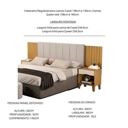 Imagem de Cabeceira Helena Regulável de Madeira para Cama Box Casal e Queen com Detalhes Estofado e Criado