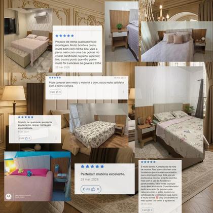 Imagem de Cabeceira Helena Regulável de Madeira para Cama Box Casal e Queen com Detalhes Estofado e Criado