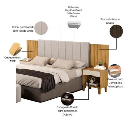 Imagem de Cabeceira Helena Regulável de Madeira para Cama Box Casal e Queen com Detalhes Estofado e Criado