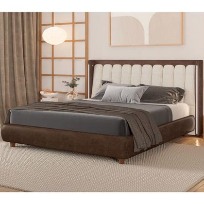 Imagem de Cabeceira King Com LED Yeon Nobuck Marrom / Linho Off White - Sallar Home