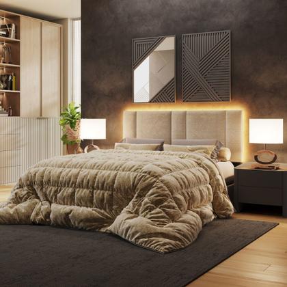 Imagem de Cabeceira Painel Cama Box Queen Size Siri 160cm com LED Linho Bege - Desk Design