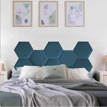 Imagem de Cabeceira Painel Modulado Colmeia Blogueirinha Estofada 140cm Casal Tecido Sintético Azul Turquesa - Ahazzo Móveis