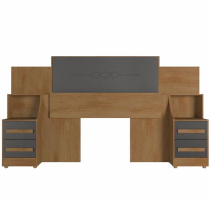 Imagem de Cabeceira para cama box Casal/Queen/King RV Móveis com 02 mesas de cabeceira com tomada Cinamomo Grafite