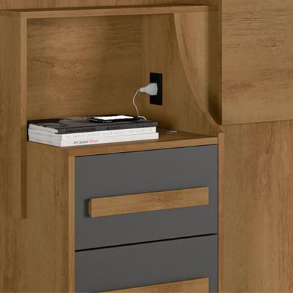 Imagem de Cabeceira para cama box Casal/Queen/King RV Móveis com 02 mesas de cabeceira com tomada Cinamomo Grafite