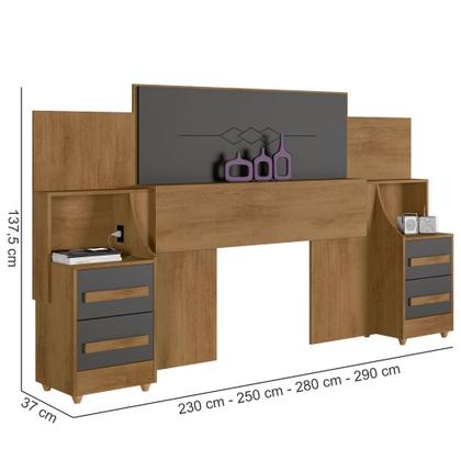 Imagem de Cabeceira para cama box Casal/Queen/King RV Móveis com 02 mesas de cabeceira com tomada Cinamomo Grafite