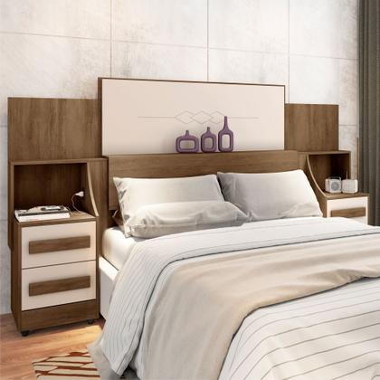 Imagem de Cabeceira para cama box Casal/Queen/King RV Móveis com 02 mesas de cabeceira com tomada Freijó/OFF White