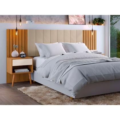 Imagem de Cabeceira Para Cama Box de Casal e Queen Extensível com Mesa de Cabeceira e Capitonê Camaru/Pérola - Zara - Robel Móveis