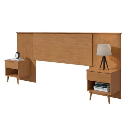 Imagem de Cabeceira Regulável Painel Ripado Pés Palito em Madeira Like Amêndoa Clean