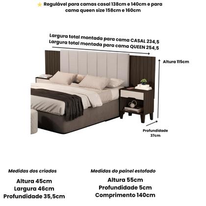 Imagem de Cabeceira Regulável Para Cama Box Casal Queen Helena Com Criados E Painel Estofado
