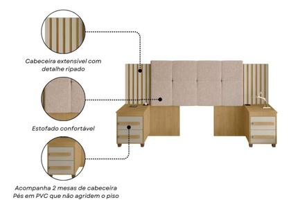 Imagem de Cabeceira Ripada Estofada para cama box casal Queen king RV Móveis Suíça com 02 mesas de cabeceira com tomada cinamomo OFF White RV MOVEIS