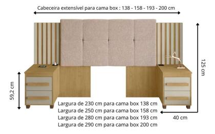 Imagem de Cabeceira Ripada Estofada para cama box casal Queen king RV Móveis Suíça com 02 mesas de cabeceira com tomada cinamomo OFF White RV MOVEIS