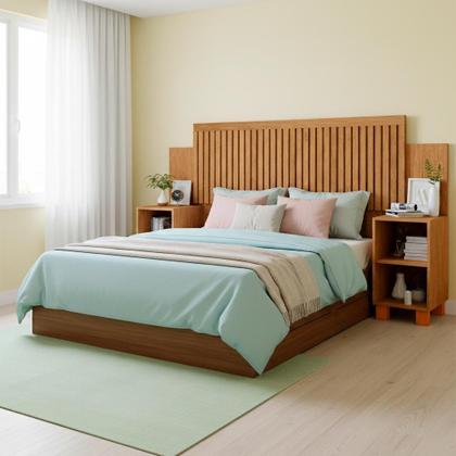 Imagem de Cabeceira Ripada Modular para cama Casal, Queen com Mesas de Cabeceira