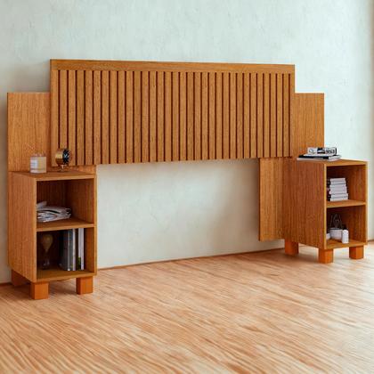 Imagem de Cabeceira Ripada Modular para cama Casal, Queen com Mesas de Cabeceira