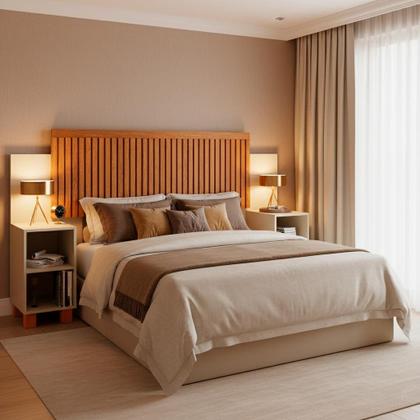 Imagem de Cabeceira Ripada Modular para cama Casal, Queen com Mesas de Cabeceira