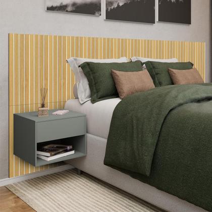 Imagem de Cabeceira Ripado MDF Adesiva com 2 Mesas de Cabeceira Suspensa Sofia 1 Gaveta e Nicho Cama Casal Queen e King LH Móveis