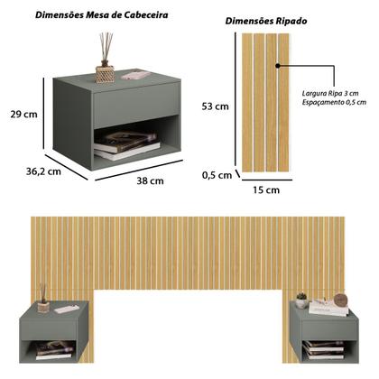 Imagem de Cabeceira Ripado MDF Adesiva com 2 Mesas de Cabeceira Suspensa Sofia 1 Gaveta e Nicho Cama Casal Queen e King LH Móveis