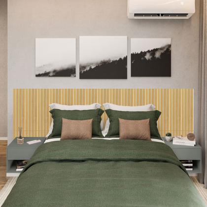 Imagem de Cabeceira Ripado MDF Adesiva com 2 Mesas de Cabeceira Suspensa Sofia 1 Gaveta e Nicho Cama Casal Queen e King LH Móveis