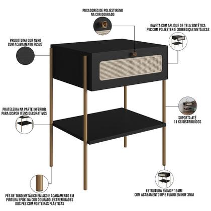 Imagem de Cabeceira Solteiro 90cm e 1 Mesa Lateral 1 Gaveta Industrial Indy A03 Nero - Lyam Decor