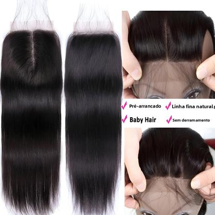 Imagem de Cabelo Humano Remy 100% Peruano Liso Cacheado Com Fechamento De Renda 4x4, Cor Natural, Renda Suíça,