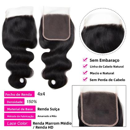 Imagem de Cabelo Humano Remy 100% Peruano Liso Cacheado Com Fechamento De Renda 4x4, Cor Natural, Renda Suíça,