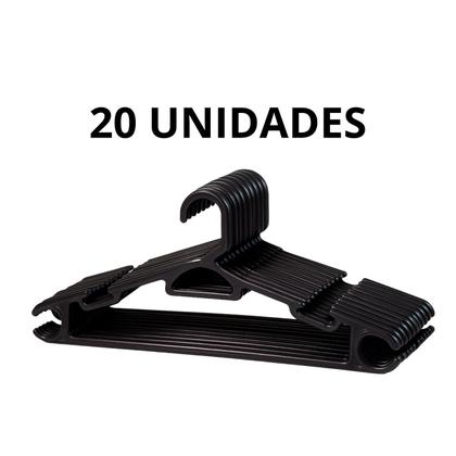 Imagem de Cabide Adulto Preto Reforçado 38cm Kit 20 Unidades Suporta até 3kg Polipropileno Para SaiasCalças e Blusas Atacado para Lojas