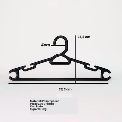 Imagem de Cabide Adulto Preto Reforçado 38cm Kit 20 Unidades Suporta até 3kg Polipropileno Para SaiasCalças e Blusas Atacado para Lojas