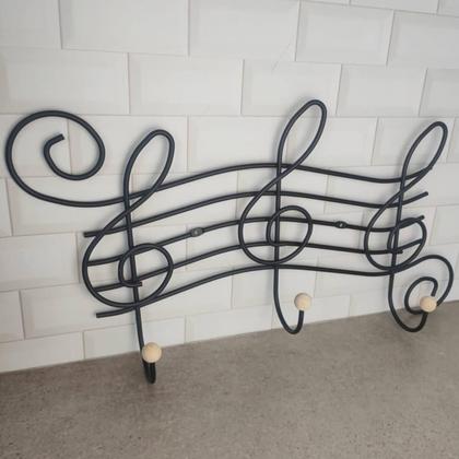 Imagem de Cabideiro 3 Ganchos Aço Preto Fosco Cifra 54cm Suporte de Parede Toalhas Roupas Bolsas