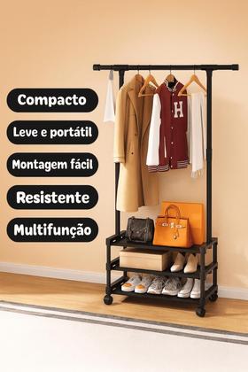 Imagem de Cabideiro Arara De Roupas Com 3 Prateleiras E Sapateira Ideal Para Closet E Lavanderia