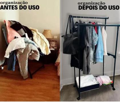 Imagem de Cabideiro Arara dupla para Roupas com prateleira 1,30x65 cm base com rodinhas de piso da marca Moment Clink