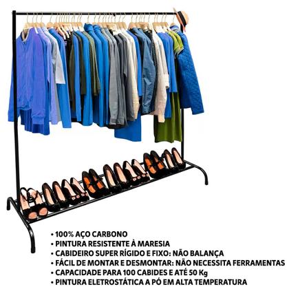 Imagem de Cabideiro Arara para Loja Quarto Roupa 135cm com Sapateira Aço Resistente