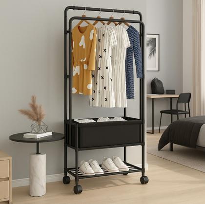 Imagem de Cabideiro com Rodinhas, Cesto de Tecido e Prateleira para Sapatos Quarto Closet Lavanderia