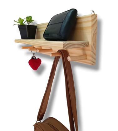Imagem de Cabideiro de Madeira Pinus Natural 40CM Multiuso Bolsas Blusas Óculos