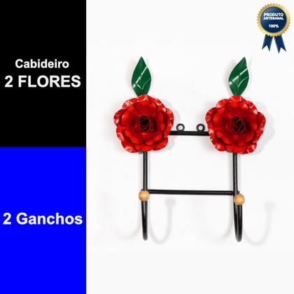Imagem de Cabideiro de Parede Artesanal 2 Ganchos 2 Flores Vermelha