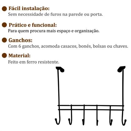 Imagem de Cabideiro de porta sem furação prático e funcional 6 Ganchos Metais Massuia
