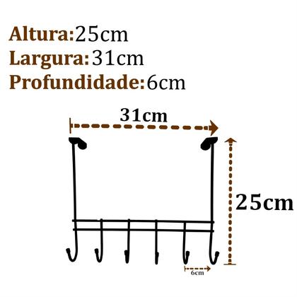 Imagem de Cabideiro de porta sem furação prático e funcional 6 Ganchos Metais Massuia