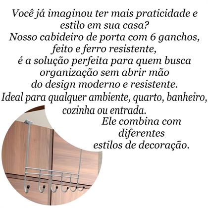Imagem de Cabideiro de porta sem furação prático e funcional 6 Ganchos Metais Massuia