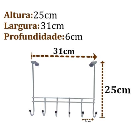 Imagem de Cabideiro de porta sem furação prático e funcional 6 Ganchos Metais Massuia