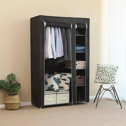 Imagem de Cabideiro duplo arara 4 prateleiras sapateira preta guarda roupa organizador casacos blusas solucao