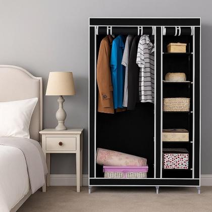 Imagem de Cabideiro duplo arara 4 prateleiras sapateira preta guarda roupa organizador casacos blusas solucao