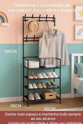 Imagem de Cabideiro Organizador Com 5 Prateleiras E Ganchos  Ideal Para Quartos, Closets E Lavanderia