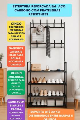 Imagem de Cabideiro Organizador Com 5 Prateleiras E Ganchos  Ideal Para Quartos, Closets E Lavanderia