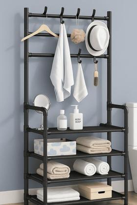 Imagem de Cabideiro Organizador Com 5 Prateleiras E Ganchos  Ideal Para Quartos, Closets E Lavanderia