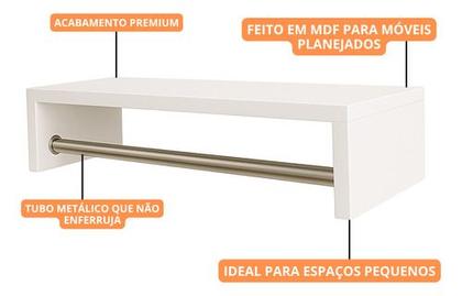 Imagem de Cabideiro Parede 60cm Arara Prateleira Quarto Roupa Organiza