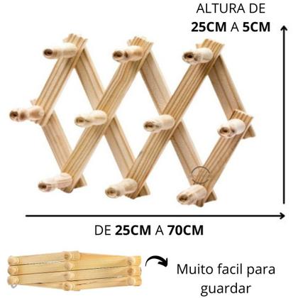 Imagem de Cabideiro Sanfonado de Madeira 10 Pinos Retratil e Ajustavel Multifuncional Parede Porta