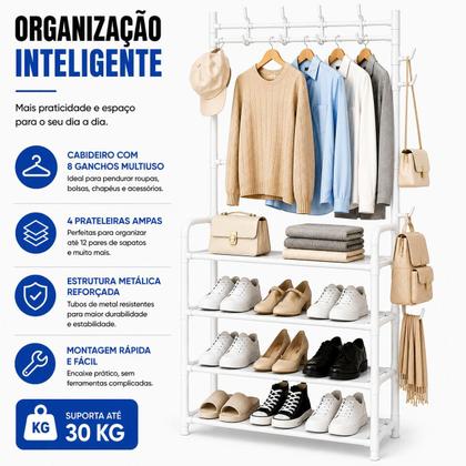 Imagem de Cabideiro Sapateira Multiuso Organizador 4 Prateleiras 8 Ganchos Arara Estrutura Metal 30kg Premium. -
