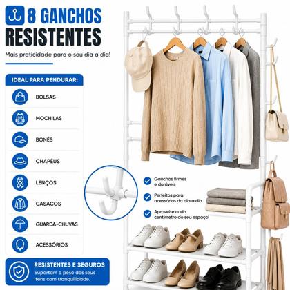 Imagem de Cabideiro Sapateira Multiuso Organizador 4 Prateleiras 8 Ganchos Arara Estrutura Metal 30kg Premium. -